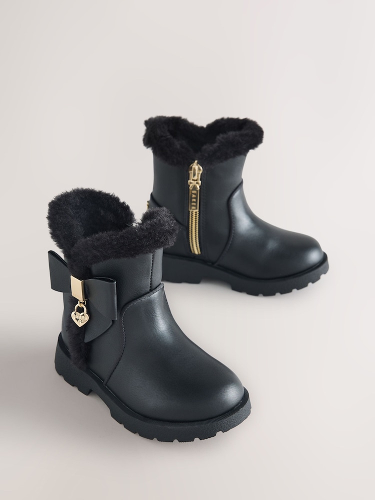 Baker by Ted Baker Chunky Faux Fur Cuff Black Boots with Bow - Image 2 of 6
