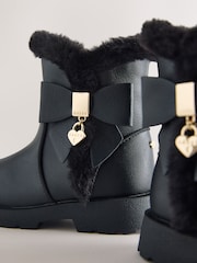 Baker by Ted Baker Chunky Faux Fur Cuff Black Boots with Bow - Image 3 of 6