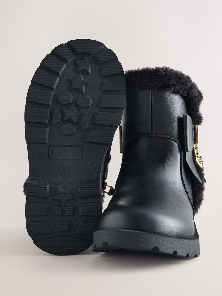 Baker by Ted Baker Chunky Faux Fur Cuff Black Boots with Bow - Image 6 of 6