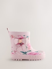 Baker by Ted Baker Pink Floral Baker by Ted Baker Faux Fur Lined Welly Boots with Bow - Image 1 of 6