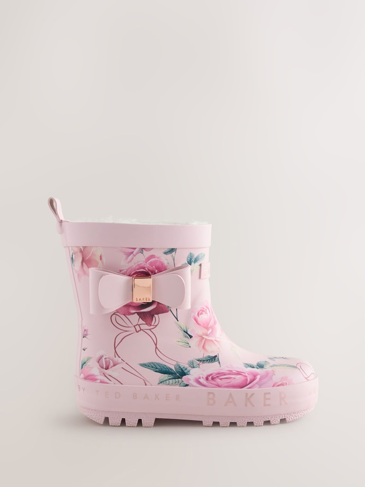 Baker by Ted Baker Pink Floral Baker by Ted Baker Faux Fur Lined Welly Boots with Bow - Image 1 of 6