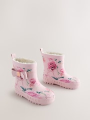 Baker by Ted Baker Pink Floral Baker by Ted Baker Faux Fur Lined Welly Boots with Bow - Image 2 of 6