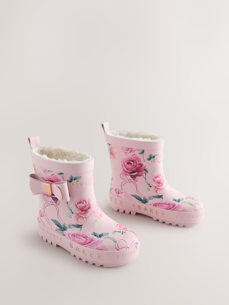 Baker by Ted Baker Pink Floral Baker by Ted Baker Faux Fur Lined Welly Boots with Bow - Image 2 of 6