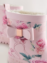 Baker by Ted Baker Pink Floral Baker by Ted Baker Faux Fur Lined Welly Boots with Bow - Image 3 of 6