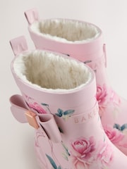 Baker by Ted Baker Pink Floral Baker by Ted Baker Faux Fur Lined Welly Boots with Bow - Image 4 of 6