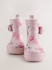 Baker by Ted Baker Pink Floral Baker by Ted Baker Faux Fur Lined Welly Boots with Bow - Image 5 of 6