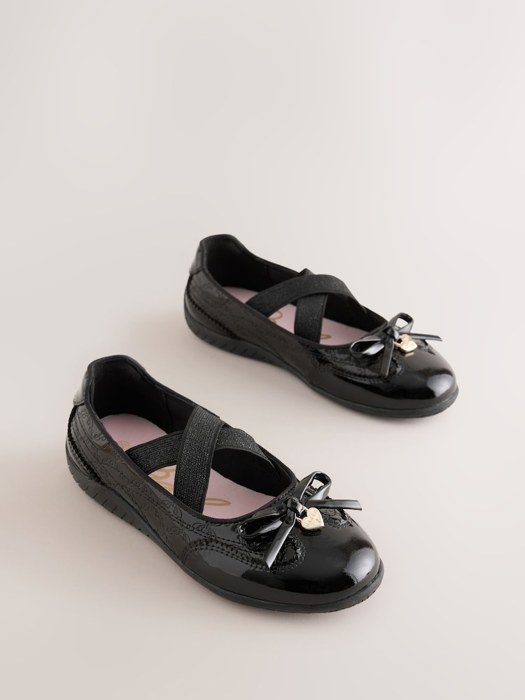 Back to School Black Patent Embossed Ballet Strap Bow Mary Jane Trainers - Image 1 of 7 Back to School Black Patent Embossed Ballet Strap Bow Mary Jane Trainers - Image 1 of 7