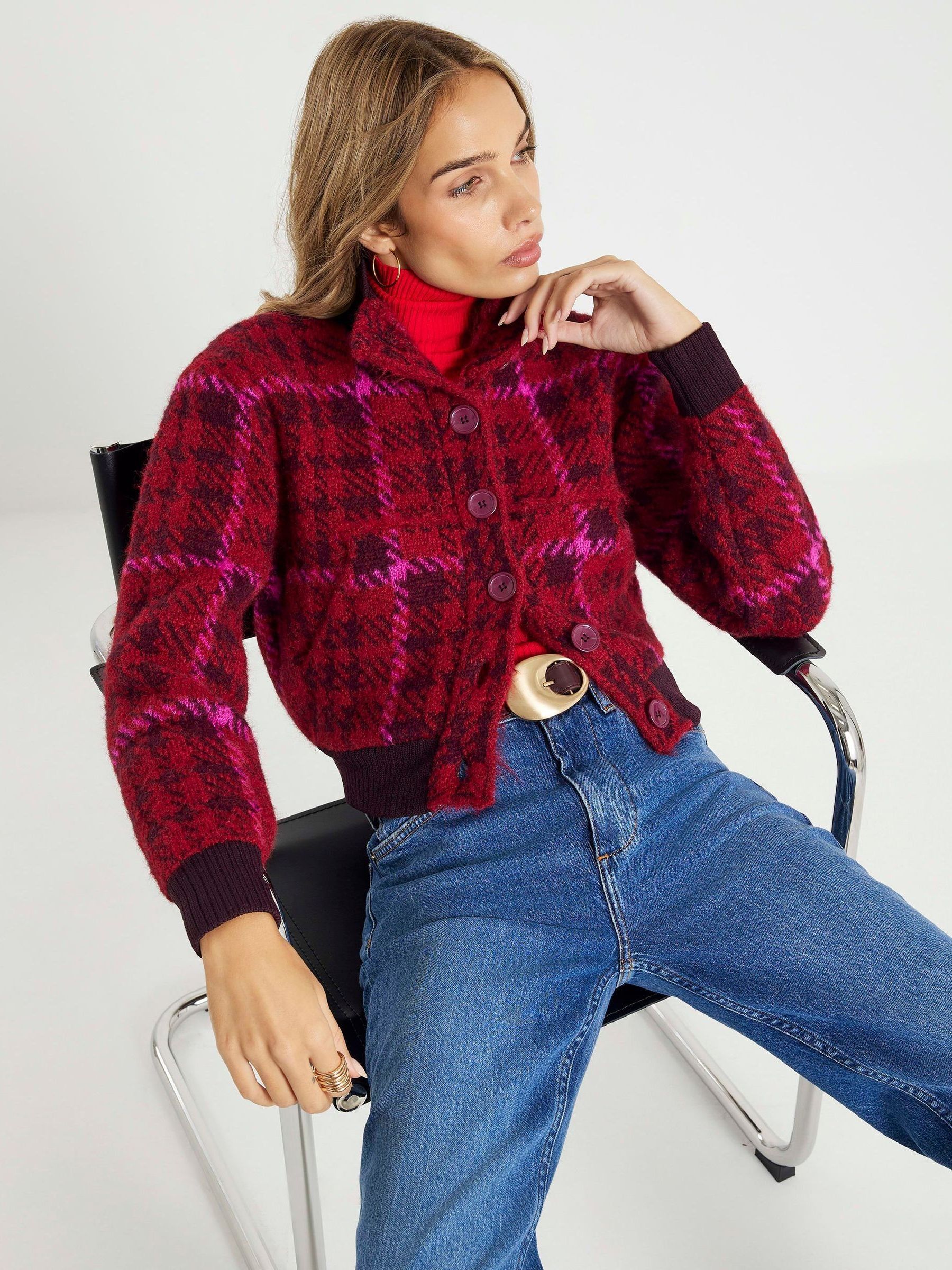 Buy River Island Red Knitted Check Bomber Jacket from Next USA