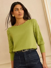 Love & Roses Lime Green Petite Bobble Stitch Scallop 3/4 Sleeve Knit Jumper - Image 4 of 4