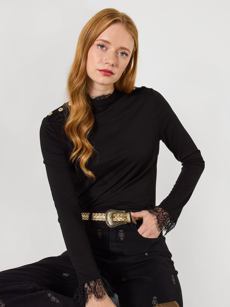 Joe Browns Black Lace Trim High Neck Jersey Top - Image 1 of 6 Joe Browns Black Lace Trim High Neck Jersey Top - Image 1 of 6