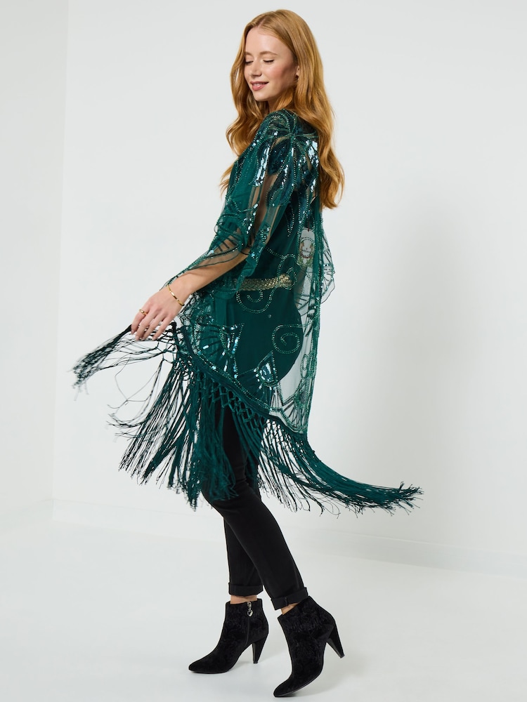 Joe Browns Green Tassel Edged Sequin Detail Kimono - Image 1 of 7 Joe Browns Green Tassel Edged Sequin Detail Kimono - Image 1 of 7