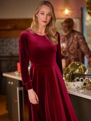 Joe Browns Red Stretchy Velvet Midi Dress - Image 2 of 7