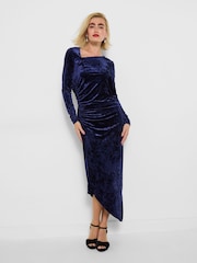 Joe Browns Blue Asymmetric Hem Crushed Velour Dress - Image 1 of 5