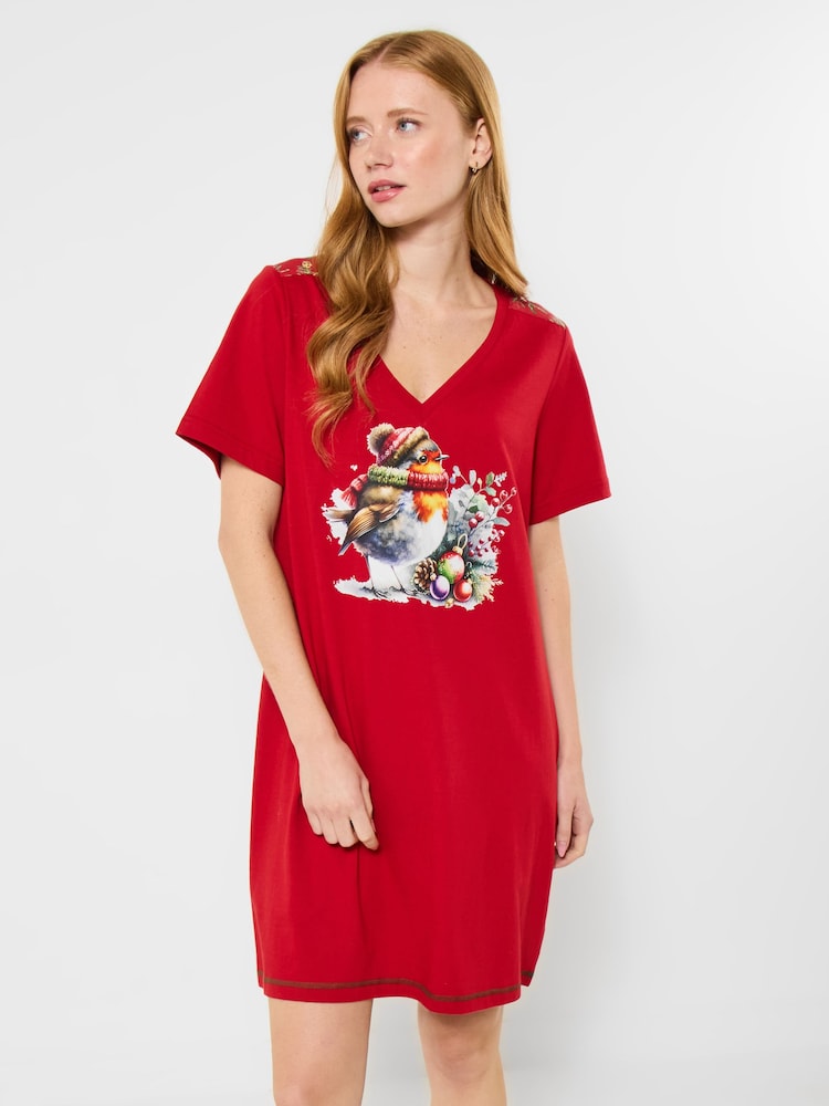 Joe Browns Red Festive Robin Jersey Nightie - Image 1 of 5 Joe Browns Red Festive Robin Jersey Nightie - Image 1 of 5