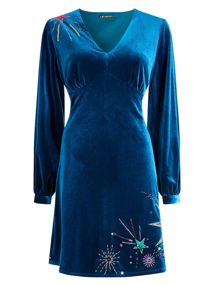Joe Browns Blue Stretchy Velvet Sequin Dress - Image 6 of 6 Joe Browns Blue Stretchy Velvet Sequin Dress - Image 6 of 6