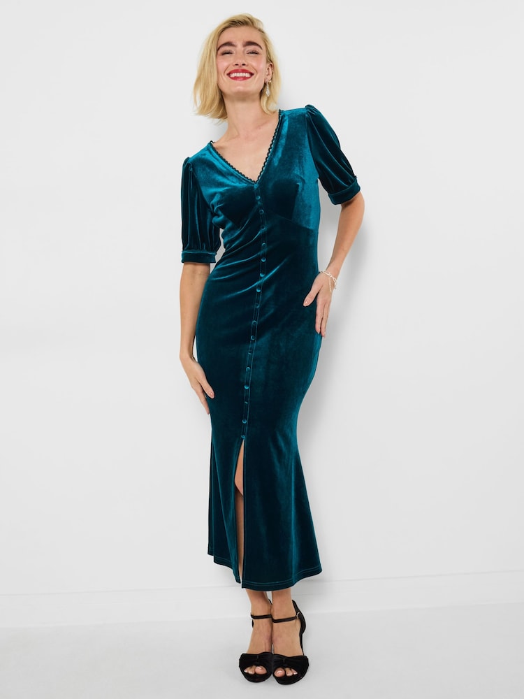 Joe Browns Blue V-Neck Stretchy Velour Dress - Image 1 of 5 Joe Browns Blue V-Neck Stretchy Velour Dress - Image 1 of 5