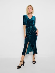 Joe Browns Blue V-Neck Stretchy Velour Dress - Image 3 of 5