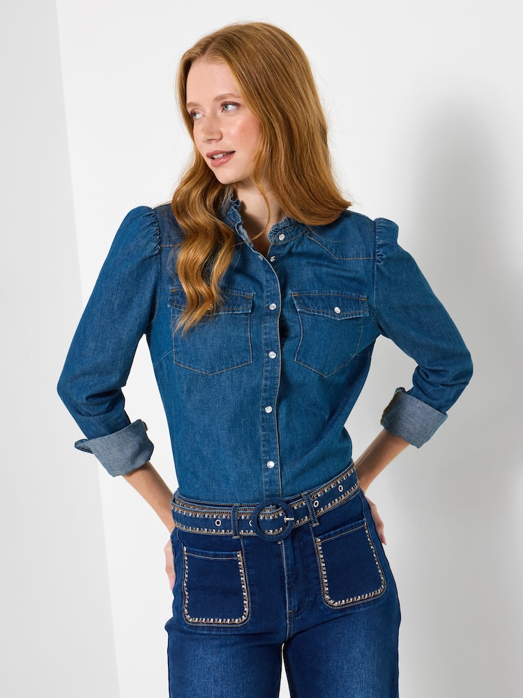 Joe Browns Blue Ruffle Collar Denim Shirt - Image 1 of 5 Joe Browns Blue Ruffle Collar Denim Shirt - Image 1 of 5