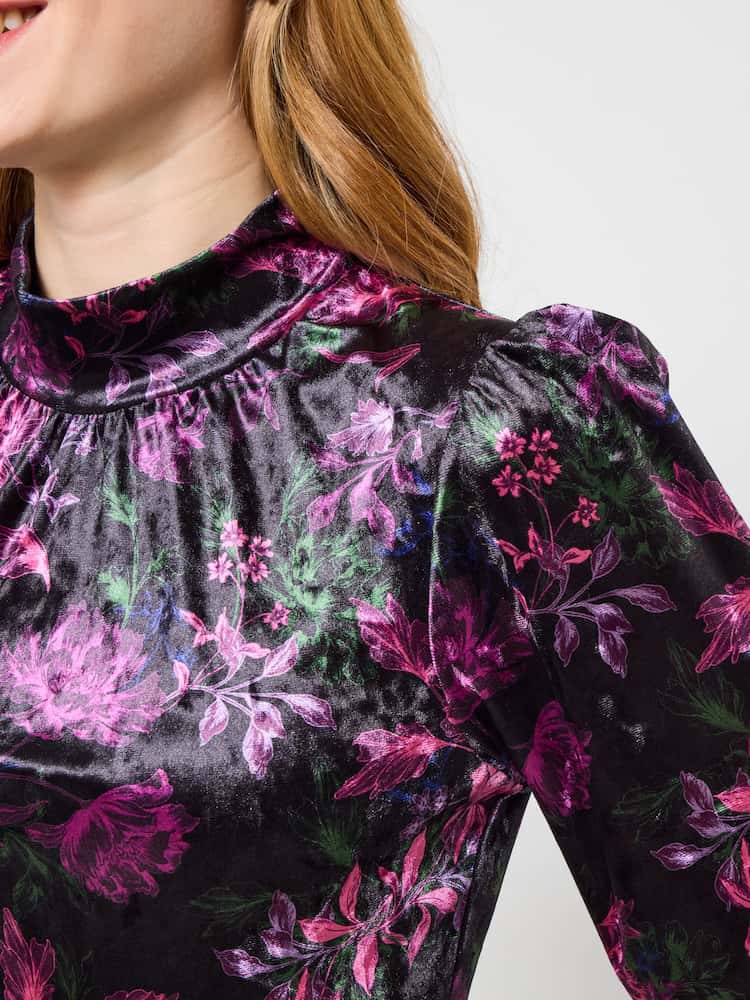 Joe Browns Black Floral Print Velour High Neck Blouse - Image 2 of 5 Joe Browns Black Floral Print Velour High Neck Blouse - Image 2 of 5