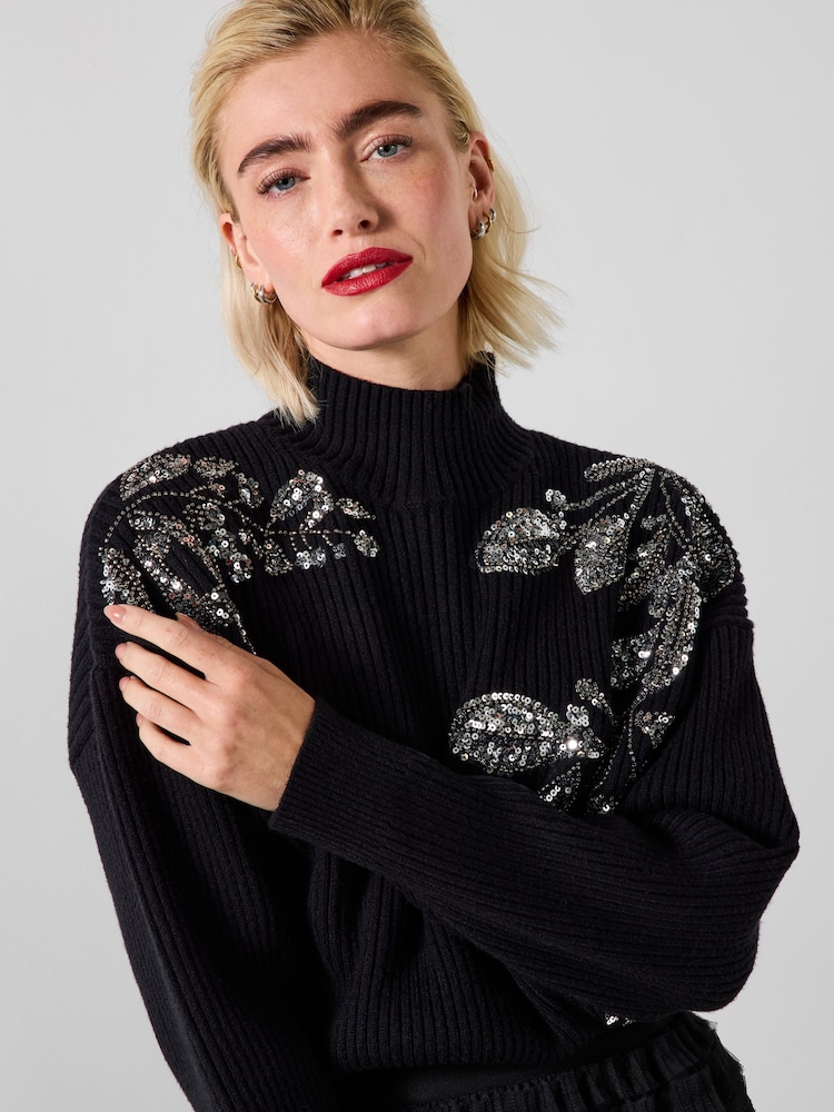 Joe Browns Black Funnel Neck Rib Knit Jumper - Image 1 of 5 Joe Browns Black Funnel Neck Rib Knit Jumper - Image 1 of 5