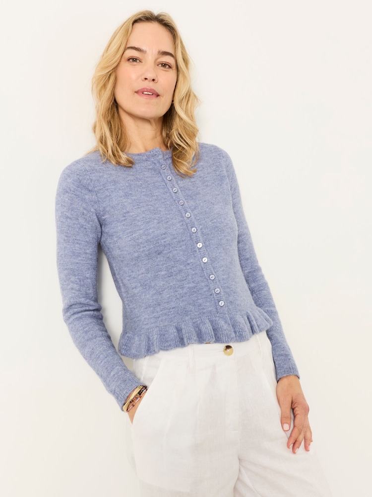 FatFace Fearne Blue Frill Knitted Cardigan - Image 1 of 4