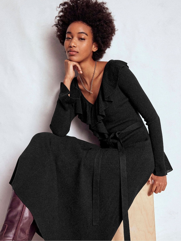 Boden Black Ruffled Ribbed Dress - Image 1 of 6 Boden Black Ruffled Ribbed Dress - Image 1 of 6