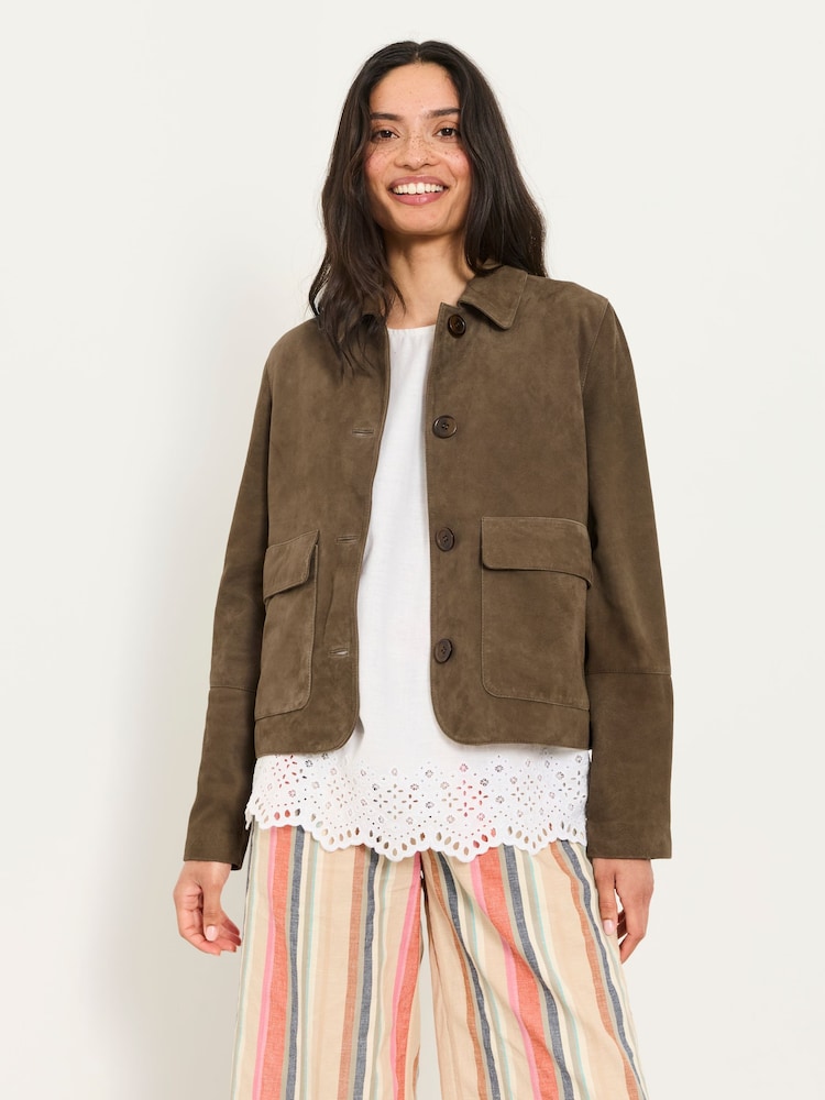 FatFace Eliza Chocolate Brown Petite Petite Suede Jacket - Image 1 of 5