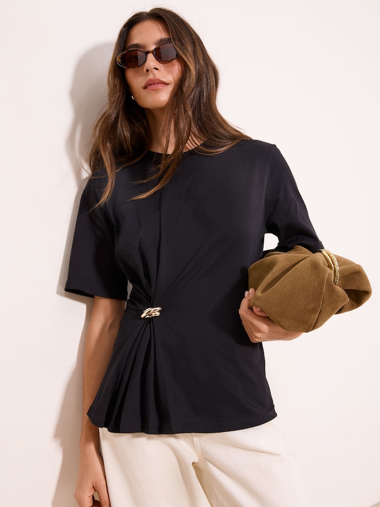 Lipsy Black Hardware Detail Cinched T-Shirt - Image 1 of 4