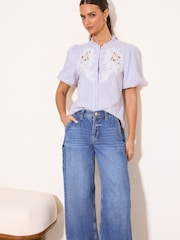 Lipsy Lilac Stripe Lace Detail Puff Sleeve Top - Image 1 of 4