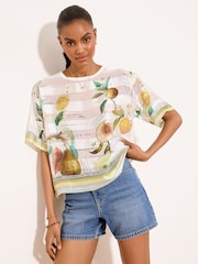 Lipsy White Lemon Print Satin Front T-Shirt - Image 1 of 5