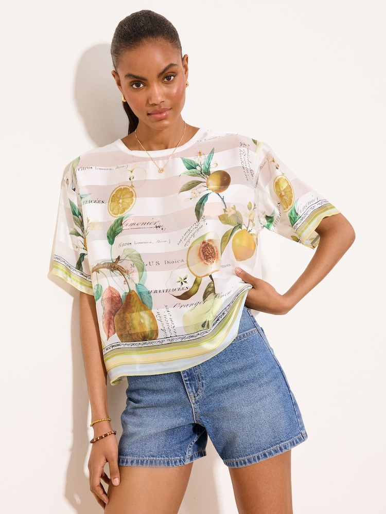 Lipsy White Lemon Print Satin Front T-Shirt - Image 1 of 5 Lipsy White Lemon Print Satin Front T-Shirt - Image 1 of 5