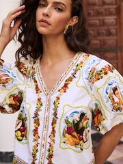 Lipsy Cream Tropical Print Puff Sleeve Shirt - Image 2 of 4