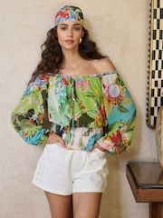 Lipsy Green Tropical Print Bardot Puff Sleeve Blouse - Image 1 of 5