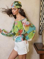 Lipsy Green Tropical Print Bardot Puff Sleeve Blouse - Image 5 of 5