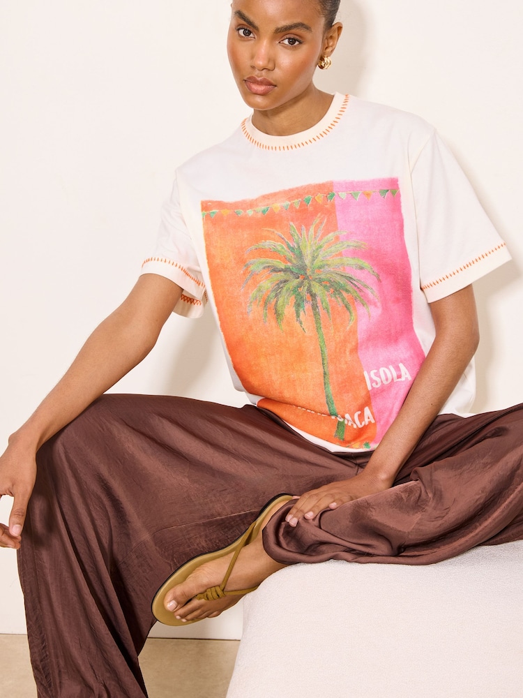 Lipsy Natural Orange stitch Detail Palm Tree Print Oversized T-Shirt - Image 1 of 4