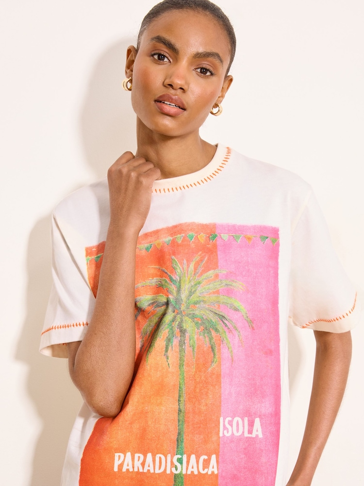 Lipsy Natural Orange stitch Detail Palm Tree Print Oversized T-Shirt - Image 2 of 4