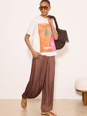 Lipsy Natural Orange stitch Detail Palm Tree Print Oversized T-Shirt - Image 3 of 4