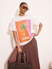 Lipsy Natural Orange stitch Detail Palm Tree Print Oversized T-Shirt - Image 4 of 4