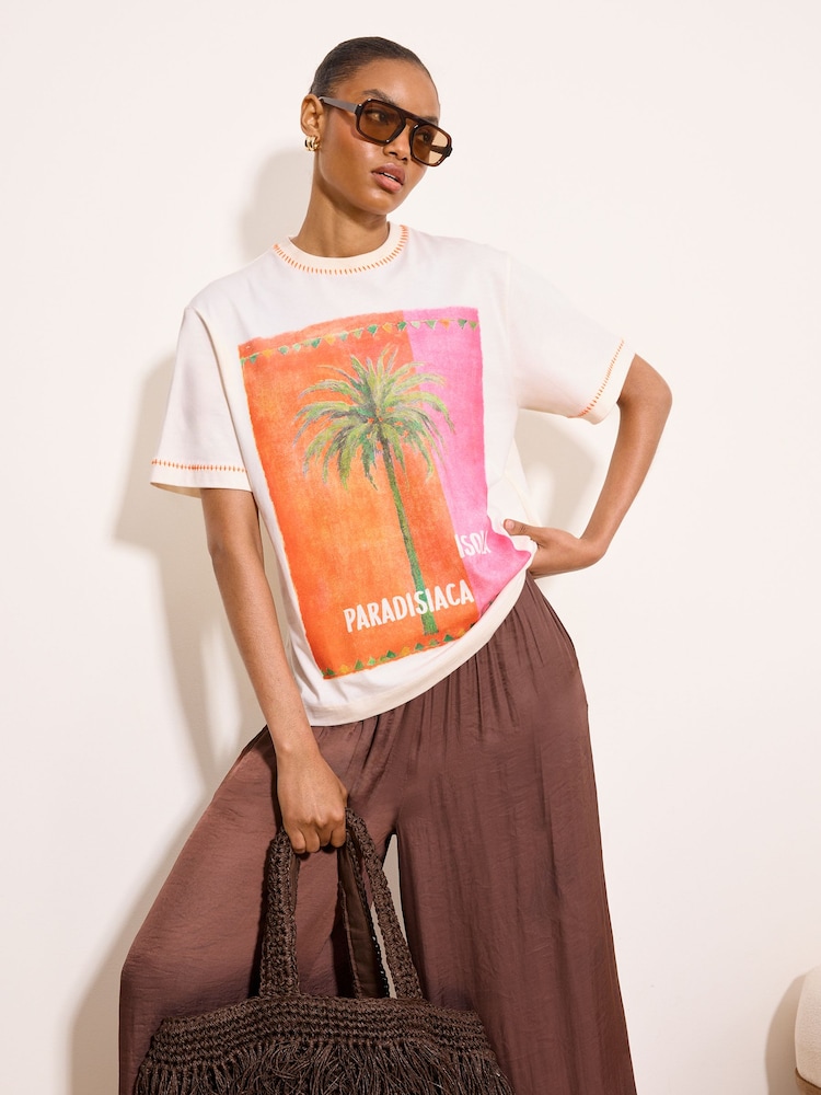 Lipsy Natural Orange stitch Detail Palm Tree Print Oversized T-Shirt - Image 4 of 4