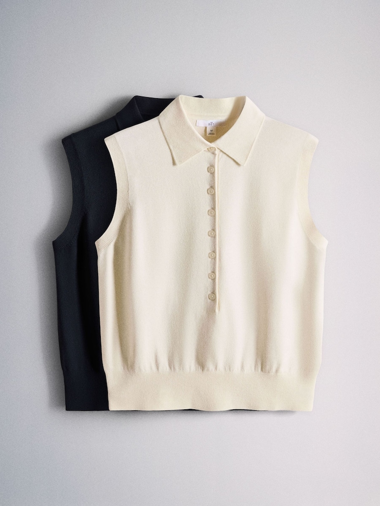 The Set 2 Pack Knitted Sleeveless Polo Vests Navy Blue/Cream - Image 1 of 5