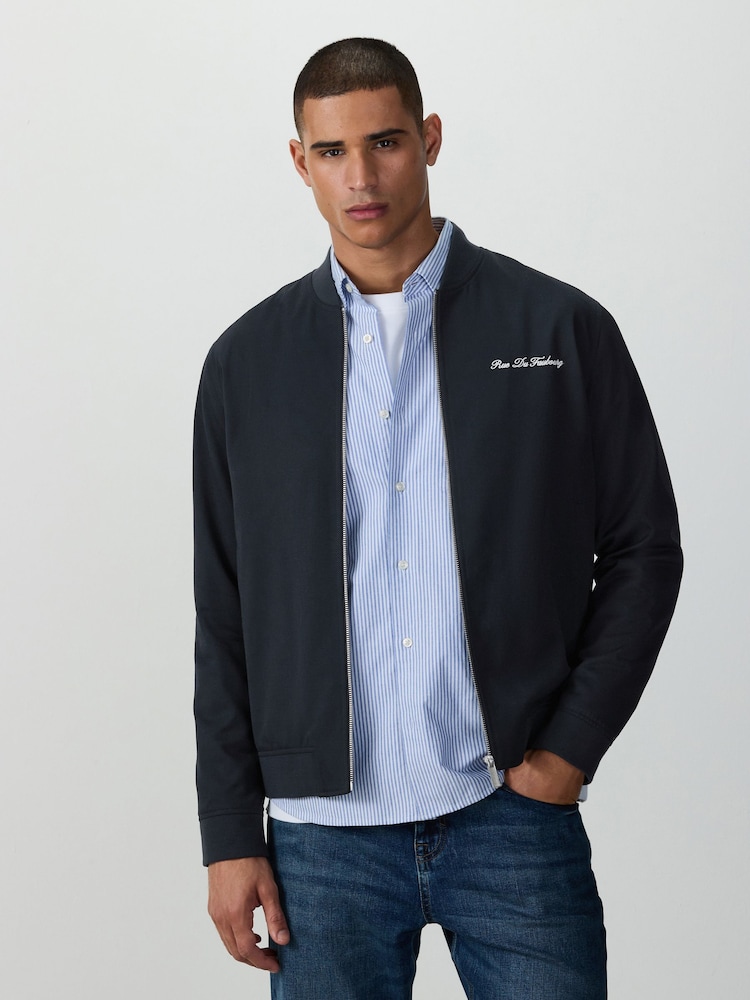 Navy Blue Embroidered Smart Bomber Jacket - Image 1 of 10