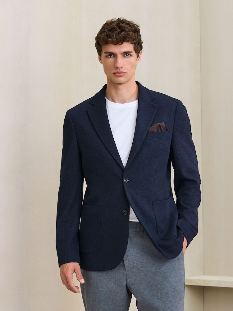 Navy Blue Slim Fit Textured Jersey Blazer - Image 1 of 14 Navy Blue Slim Fit Textured Jersey Blazer - Image 1 of 14