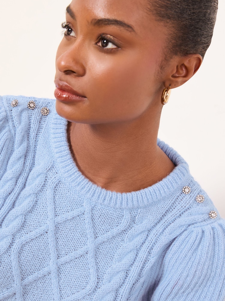 Lipsy Light Blue Supersoft Crew Neck Short Sleeve Buttoned Cable Knit Top - Image 2 of 4