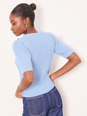 Lipsy Light Blue Supersoft Crew Neck Short Sleeve Buttoned Cable Knit Top - Image 4 of 4