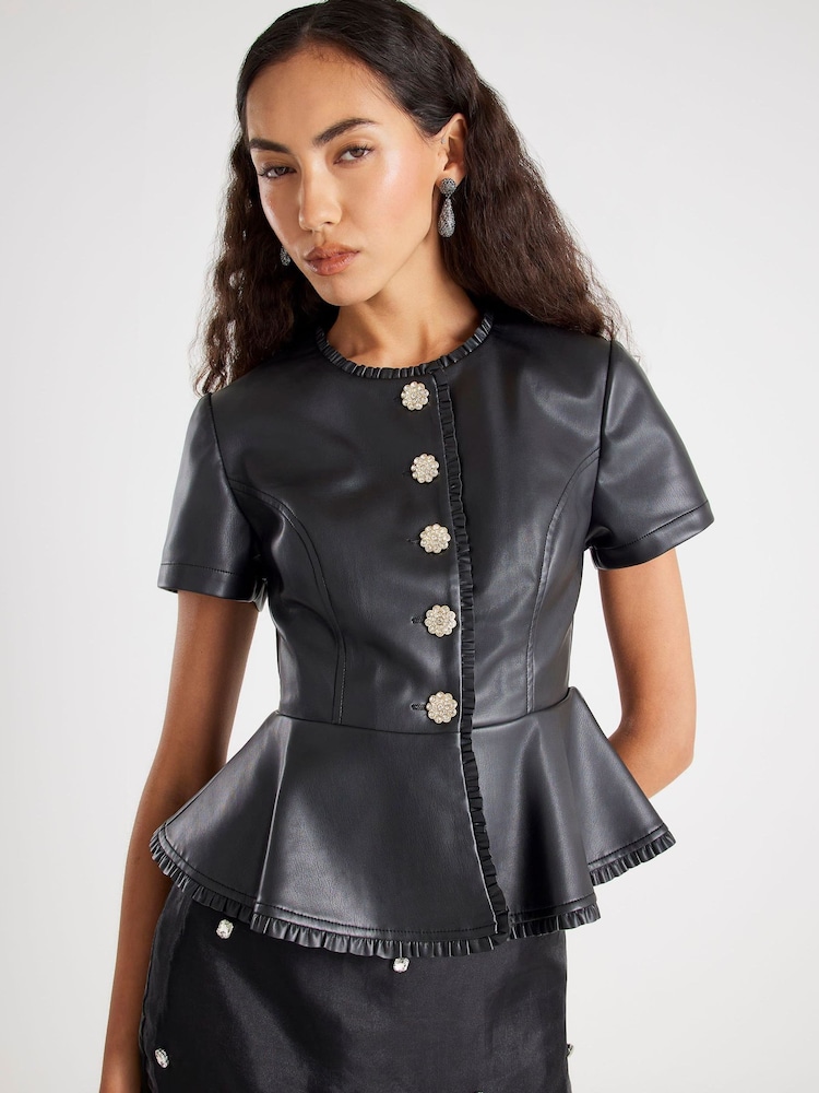 River Island Black Faux Leather Button Detail Peplum Top - Image 4 of 4