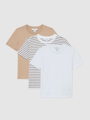 Reiss Stone/Brown Stripe/White Bless 3 Pack 3-9 yrs 3 Pack Cotton Crew-Neck T-Shirts - Image 1 of 3