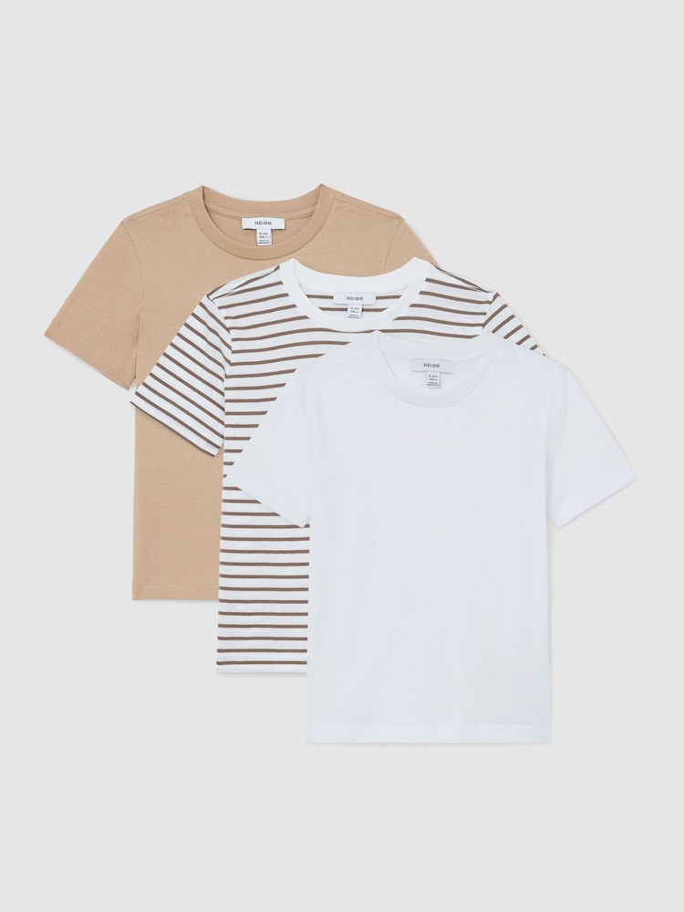 Reiss Stone/Brown Stripe/White Bless 3 Pack 3-9 yrs 3 Pack Cotton Crew-Neck T-Shirts - Image 1 of 3