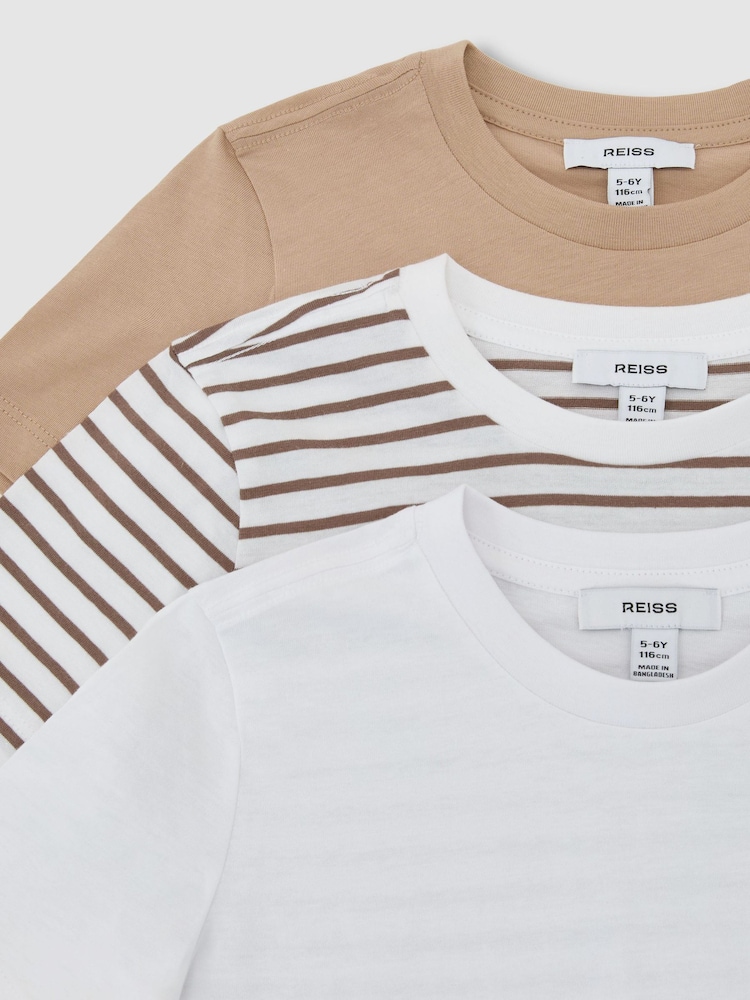 Reiss Stone/Brown Stripe/White Bless 3 Pack 3-9 yrs 3 Pack Cotton Crew-Neck T-Shirts - Image 3 of 3