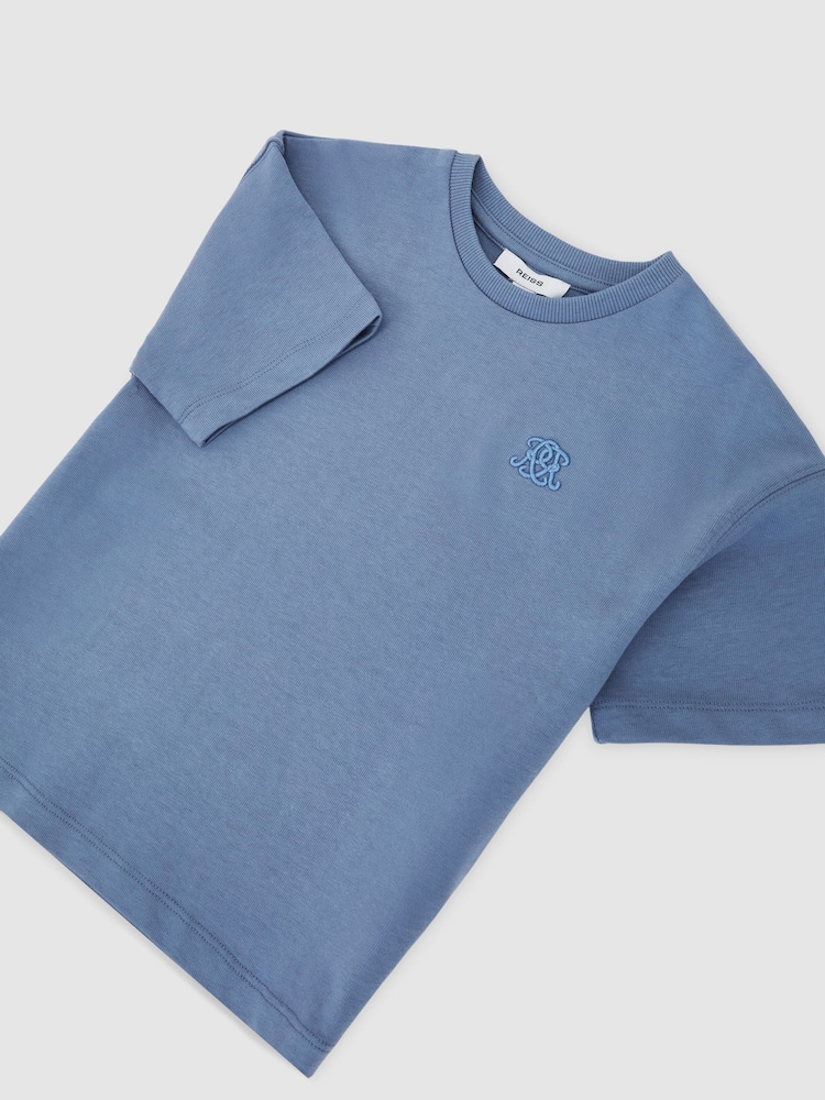 Reiss Airforce Blue Rainer 13-14 yrs Monogram Embroidered Relaxed-Fit T-Shirt - Image 1 of 3 Reiss Airforce Blue Rainer 13-14 yrs Monogram Embroidered Relaxed-Fit T-Shirt - Image 1 of 3