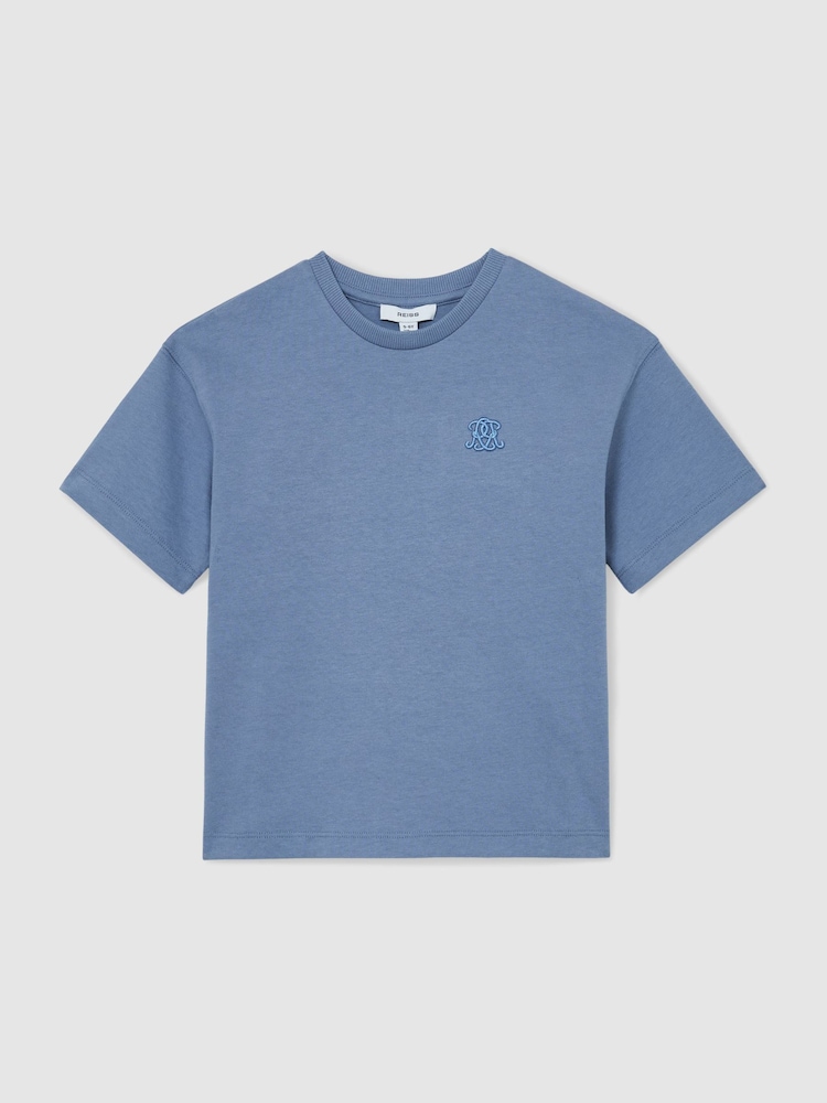 Reiss Airforce Blue Rainer 13-14 yrs Monogram Embroidered Relaxed-Fit T-Shirt - Image 3 of 3 Reiss Airforce Blue Rainer 13-14 yrs Monogram Embroidered Relaxed-Fit T-Shirt - Image 3 of 3